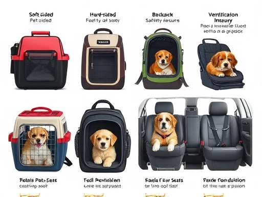 A detailed illustration of various pet carriers side-by-side, including soft-sided, hard-sided, backpack, and car seats, with highlighted safety features and a focus on ventilation and structural integrity. The scene shows different pets comfortably resting inside. Keywords: pet carrier, safety, comparison, types, features.