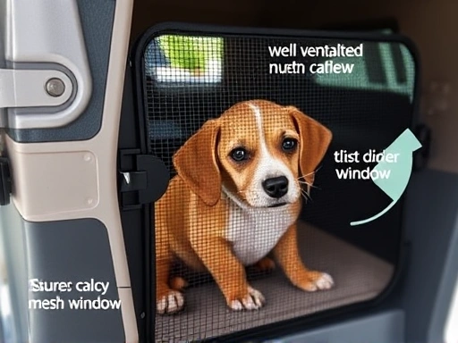 A close-up view of a pet carrier's safety features, showing a secure, sturdy latch mechanism, well-ventilated mesh window, and a comfortable pet inside. Emphasize the durability of the material and the effectiveness of the locking system. Keywords: pet carrier safety, secure latch, ventilation, pet comfort.