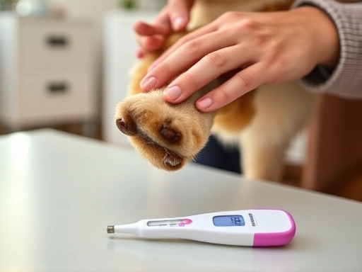 A pet owner gently checking their dog's paw with a paw balm, a thermometer lies on a table, in a warm, clean home environment, emphasizing care and health monitoring.