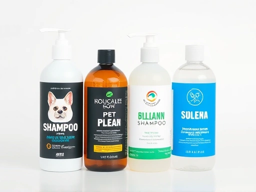 A side-by-side comparison of pet shampoo and human shampoo bottles on a clean white background, highlighting their distinct labels and purposes, with a soft, natural lighting. Focus on the contrasting designs.