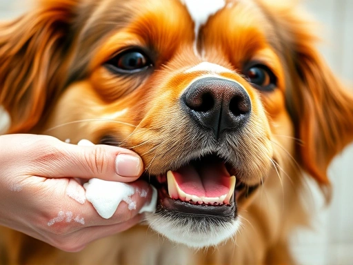 A close-up shot of a dog's healthy, shiny coat being gently lathered with pet-specific shampoo, showing soft foam and happy expression. The focus is on the texture of the fur and the caring interaction.