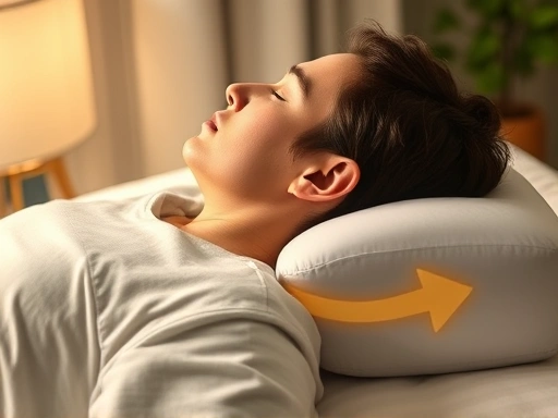 An ergonomic pillow supporting a person sleeping on their back, showing perfect spine alignment, soft lighting, comfortable atmosphere.