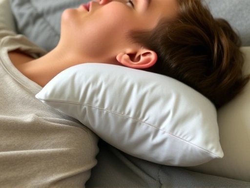 Close-up of a person sleeping on their side, with a pillow perfectly filling the gap between head and shoulder, illustrating proper neck support, detailed fabric.