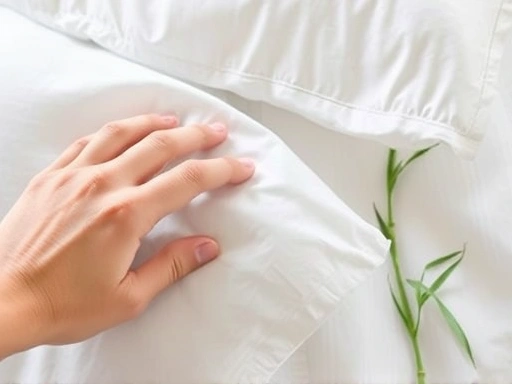 Close-up of a hand gently touching various pillowcase textures, showcasing silk, cotton, and bamboo, highlighting the tactile experience and material quality.