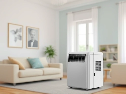 A modern portable air conditioner in a bright, minimalist living room, with a window kit installed, showing a comfortable and cool atmosphere. Focus on the ease of use and temporary setup.