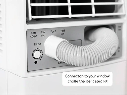 Close-up of a portable air conditioner's control panel and exhaust hose, highlighting the connection to a window with a dedicated kit. Emphasize the simplicity of installation for cooling.