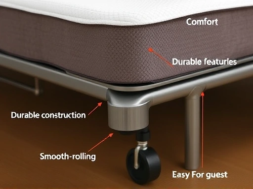 Close-up of a folding bed's mattress and sturdy metal frame, highlighting comfort features, durable construction, and smooth-rolling wheels for easy portability, suitable for guests.