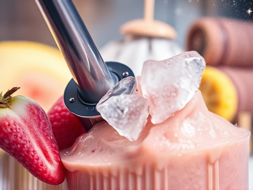 Close-up shot of a high-performance blender blade vigorously crushing ice and frozen fruits, creating a smooth, creamy smoothie texture.