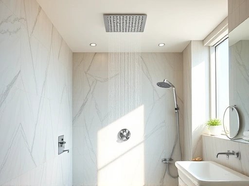 A luxurious bathroom with a wide, overhead rain shower, featuring soft, natural light and modern design elements, emphasizing tranquility and spa-like experience. Focus on keywords: rain shower, luxury bathroom, modern design, spa experience.