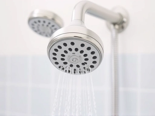 A close-up of a versatile standard shower head, showcasing different spray patterns and an adjustable handle, in a practical and clean bathroom setting. Focus on keywords: standard shower, shower head, versatility, practical bathroom.