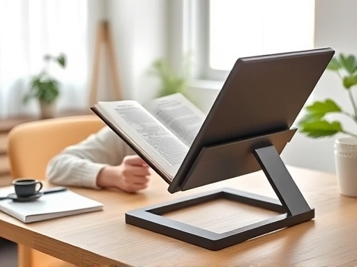A person comfortably reading a book on a wooden desk, with an ergonomic reading stand whose angle is perfectly adjusted for comfortable posture, surrounded by a cozy study environment, clean background, bright natural light, professional product photography style, high detail.
