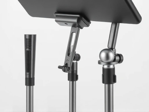 Close-up view of different reading stand angle adjustment mechanisms: a fixed stepped slot, a lever and clamp system, and a ball-joint hinge. Focus on the details of each mechanism, showing how they work, on a neutral background, technical product photography style, clear and sharp.