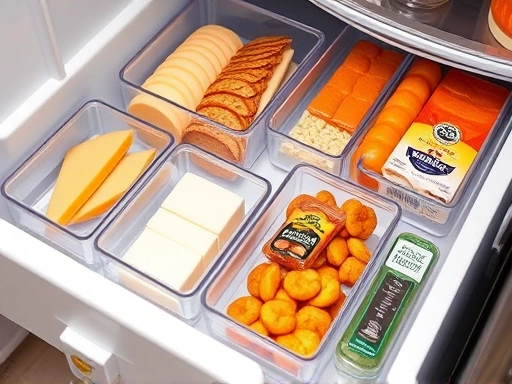 Close-up of various small, clear dividers and trays inside a refrigerator drawer, neatly separating different types of cheeses and snacks, highlighting detailed organization.