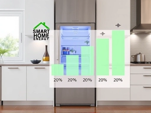 A modern, energy-efficient refrigerator in a minimalist kitchen, with an overlaid infographic showing electricity consumption numbers for different capacities, symbolizing smart home energy management and savings.