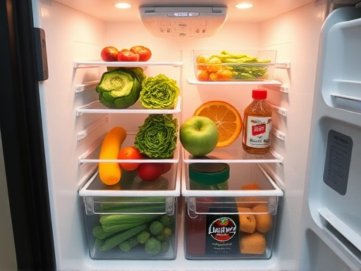 A neat, well-organized refrigerator interior with clear storage bins for vegetables, fruits, and condiments, showing efficient space utilization and cleanliness.
