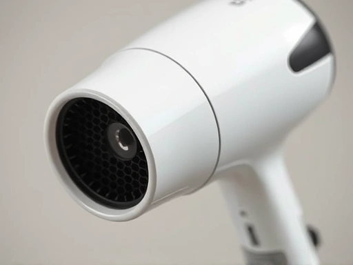 A close-up shot of a classic, simple regular hair dryer focusing on its nozzle and basic design, showing heat elements and a powerful airflow for direct hair drying.