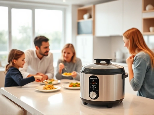 Modern kitchen with a family of three enjoying a meal, a sleek electric rice cooker on the counter, bright and inviting atmosphere.