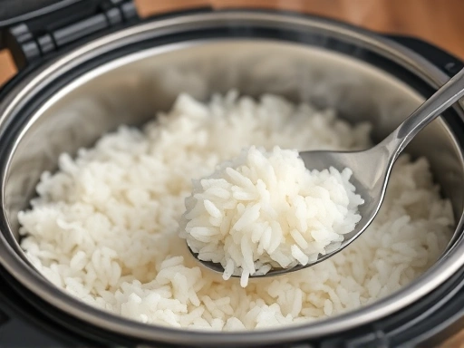 Close-up shot of a steaming electric rice cooker, perfectly cooked white rice inside, a serving spoon ready, emphasizing texture and warmth.
