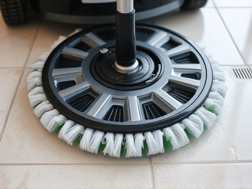 A close-up shot of a robot mop's spinning water pads or cleaning brushes, highlighting its advanced mopping technology and how it interacts with a tiled floor, with water marks visible for realism.