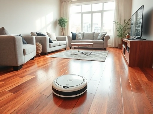 A clean, modern living room with a sleek, high-tech robot mop actively cleaning a hardwood floor, bathed in natural light, showcasing efficient home automation.