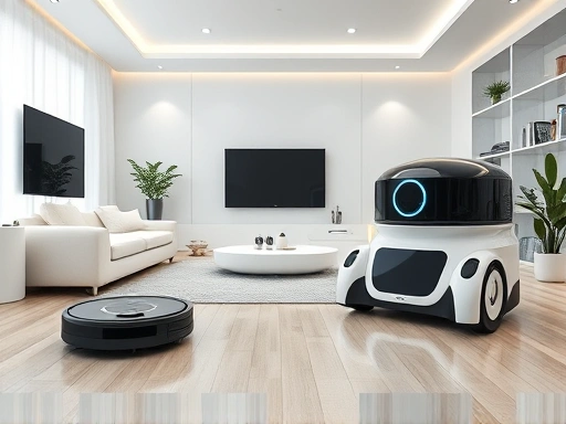 A futuristic, clean living room with a Roomba robot vacuum cleaning on one side and a sleek Korean robot vacuum cleaning on the other, showing a clear distinction in design and function, high-tech, wide shot.
