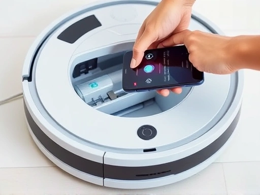 Close-up shot of a robot vacuum's docking station, showing the self-emptying mechanism or water refill system, with a hand interacting with an associated mobile app on a smartphone, emphasizing smart home integration and ease of use, clean and futuristic.