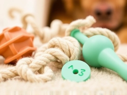 A close-up of various safe pet toys, including natural rubber, cotton rope, and silicone, with a soft, warm background emphasizing pet safety and well-being.