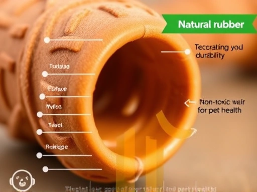 Detailed view of a natural rubber dog chew toy, highlighting its textured surface and durability, with a focus on non-toxic materials for pet health.
