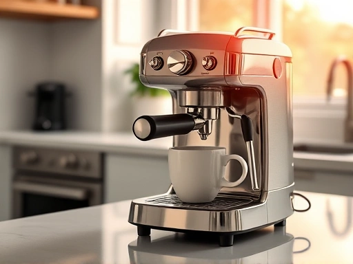 A clean, modern kitchen counter with a sleek, chrome semi-automatic espresso machine, steaming a cup of coffee. Warm, inviting morning light, focus on the machine and a cup.