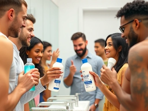A diverse group of people comparing bottles of shaving cream and shaving gel in a bright, clean bathroom setting, focusing on their moisturizing effects and skin benefits.
