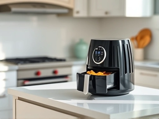 A sleek, compact mini air fryer on a modern kitchen counter, preparing healthy snacks for a single person, with natural light and minimalist decor, emphasizing small air fryer.