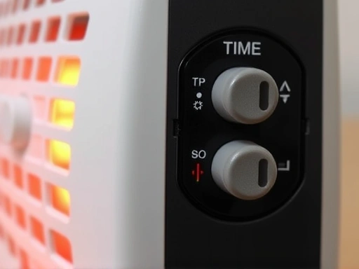 Close-up of a small electric heater's control panel, showing clear symbols for temperature, timer, and safety features like 