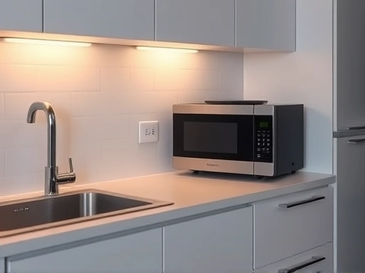 A minimalist, modern kitchen designed for a single person, featuring a sleek, compact small microwave on a countertop, with warm ambient lighting. Focus on clean lines and functional space.