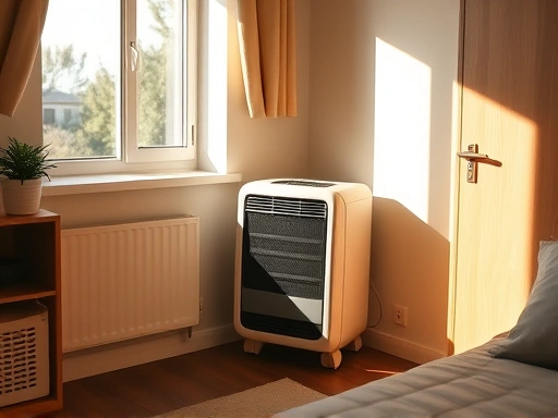 A cozy, warm, and compact studio apartment with a modern, small electric heater in the corner, radiating warmth, sunlight streaming through a window, simple and clean aesthetic, emphasizing comfort and efficiency, SEO keywords: small studio heater, compact electric heater, efficient heating.