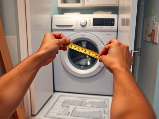 A close-up shot of hands measuring a tight space in a studio apartment, with a blueprint or tape measure, indicating careful planning for a small washing machine installation. Focus on precision and limited space considerations.