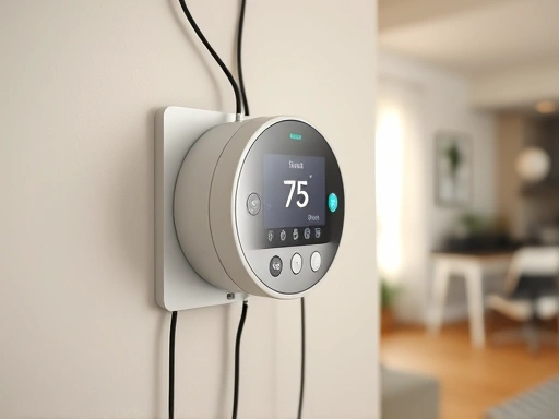 A detailed close-up shot of a modern smart thermostat mounted on a wall, with wires clearly visible during installation, emphasizing the intricate connection process, in a well-lit home interior.