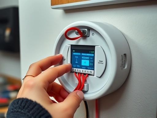 A focused shot on hands connecting wires to a smart thermostat's backplate, highlighting the labeled wires and terminal blocks, with a blurred background of tools and a home wall.