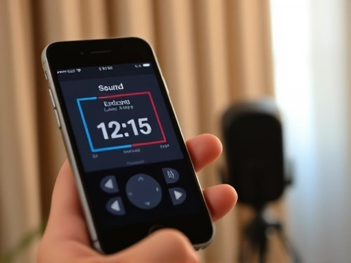 Close-up of a smartphone screen displaying a sound level meter app, showing a decibel reading, with a soft-focus background of a soundproof curtain. The image highlights the act of measuring sound levels with a digital tool. sound meter app, decibel measurement, curtain soundproofing.