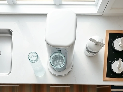 A detailed top-down view of a modern sparkling water maker on a clean kitchen counter, surrounded by its reusable water bottle and a CO2 cylinder, highlighting its components for an economic analysis. Focus on a clear, well-lit scene with natural light, incorporating SEO keywords like 