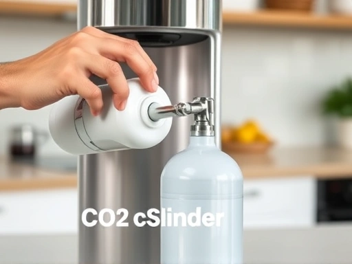 A close-up shot of hands refilling a sparkling water maker's CO2 cylinder, emphasizing the maintenance aspect and the cost-effectiveness. The background shows a blurry kitchen setting, highlighting the 