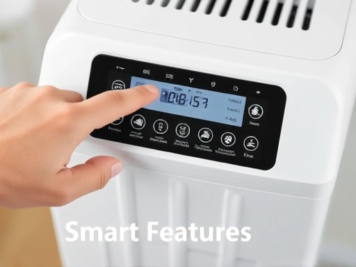 A close-up shot of a stand-type air conditioner's control panel, displaying various function icons like air purification, humidity control, and temperature settings, with a hand reaching to press a button. Emphasize smart features.