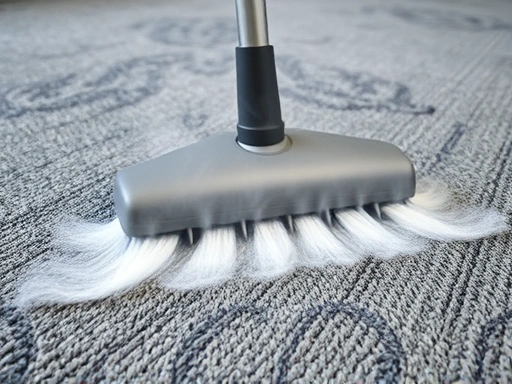 A close-up shot of a steam cleaner's nozzle gently gliding over a patterned grey carpet, with a visible plume of steam. The focus is on the cleaning action, showing the texture of the carpet fibers and the steam's interaction.