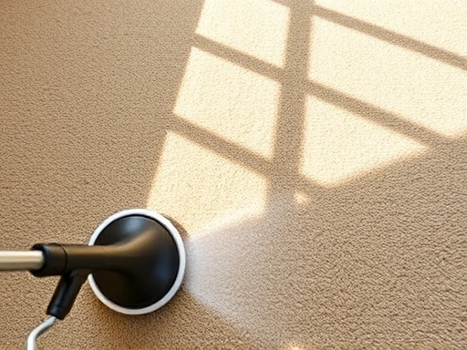 A clean, plush beige carpet with half of it visibly cleaned by a steam cleaner, showing a fresh, vibrant contrast. Sunbeams fall on the cleaned area, highlighting its cleanliness and the effectiveness of the process.