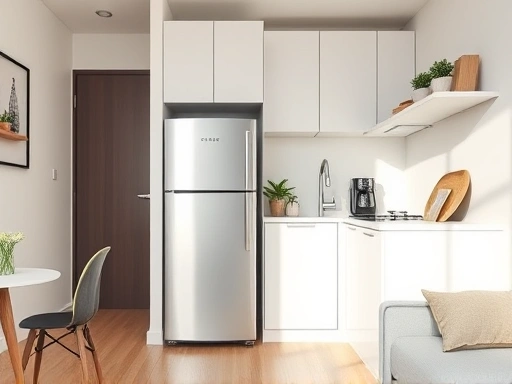 A clean and minimalist studio apartment kitchen featuring a sleek, modern small refrigerator integrated seamlessly into the space. The scene highlights efficiency and compact living, with soft, natural lighting. SEO keywords: studio apartment, small refrigerator, compact kitchen, modern design, space-saving.