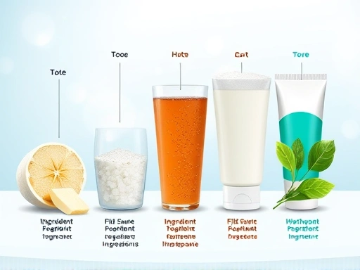 A detailed illustration showing various toothpaste whitening ingredients side-by-side, with subtle visual cues representing their different mechanisms of action, set against a clean, dental-themed background, including teeth whitening and effective toothpaste. 