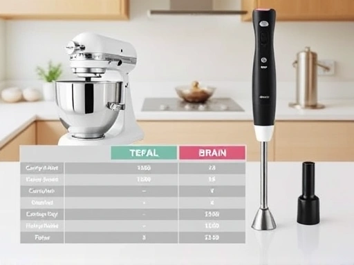 A detailed comparison table showing features of a robust Tefal mixer and a versatile Braun hand blender on a clean kitchen counter, highlighting their differences in power, size, and accessories for a clear visual comparison.