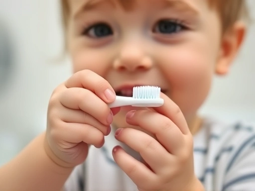 Close-up of a toddler holding a small training toothbrush, trying to brush their teeth with parental guidance. Focus on their tiny hands and the soft bristles of the brush. A blurred bathroom background.