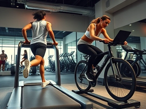 A dynamic, well-lit scene showing a person actively running on a treadmill and another person cycling vigorously on a stationary bike side-by-side in a modern gym setting, highlighting their exertion and the contrasting movements, with fitness, workout, calorie burn, cardio keywords. 