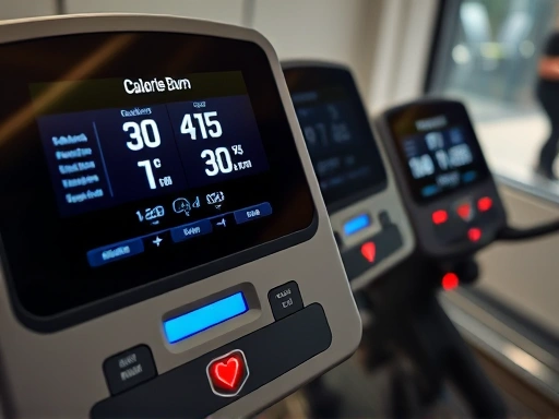 A close-up shot focusing on the digital display of a treadmill showing calorie burn statistics and a heart rate monitor, juxtaposed with the display of an indoor cycle showing similar metrics, emphasizing data, tracking, fitness progress, and calorie tracking keywords.
