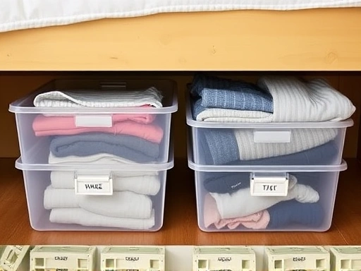 Close-up of organized under-bed storage containers in a regular bed, showing clear bins filled with clothes and labels, highlighting practical space-saving tips.